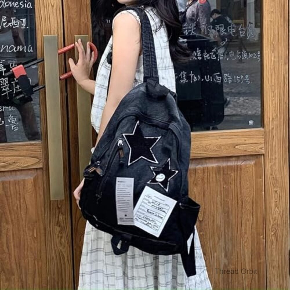 Denim Daypack Backpack with Star Pattern, Adjusta… - image 4